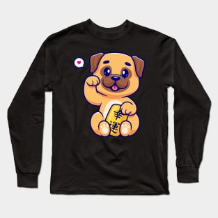 Cute Lucky Pug Dog Holding Gold Coin Cartoon Long Sleeve T-Shirt